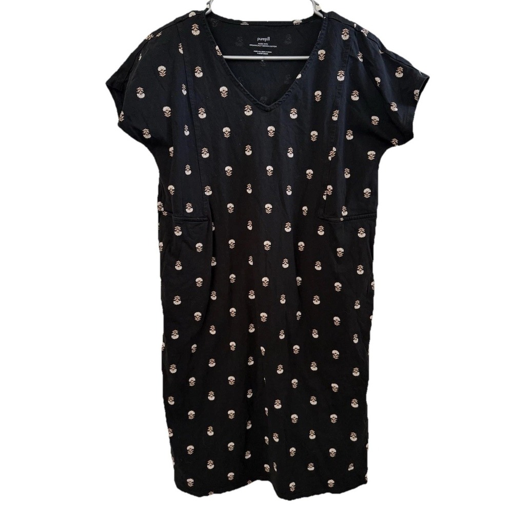J. Jill Pure‎ Jill Women's Dress T-shirt V-Neck Black Floral AOP Pockets XS